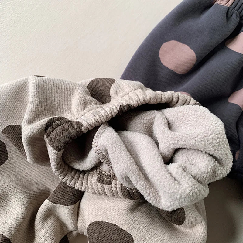 2025 New Winter Children Dot Print Trousers Plus Velvet Thick Girls Harem Pants Baby Boys Fleece Casual Pants Kids Clothes