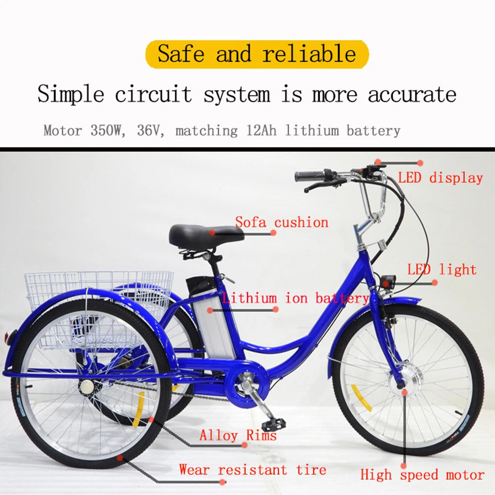 24 Inch Electric Tricycle 3 Wheels For Adults Removable Battery 350W 36V Family e Bike For Old People Blue/White/Black