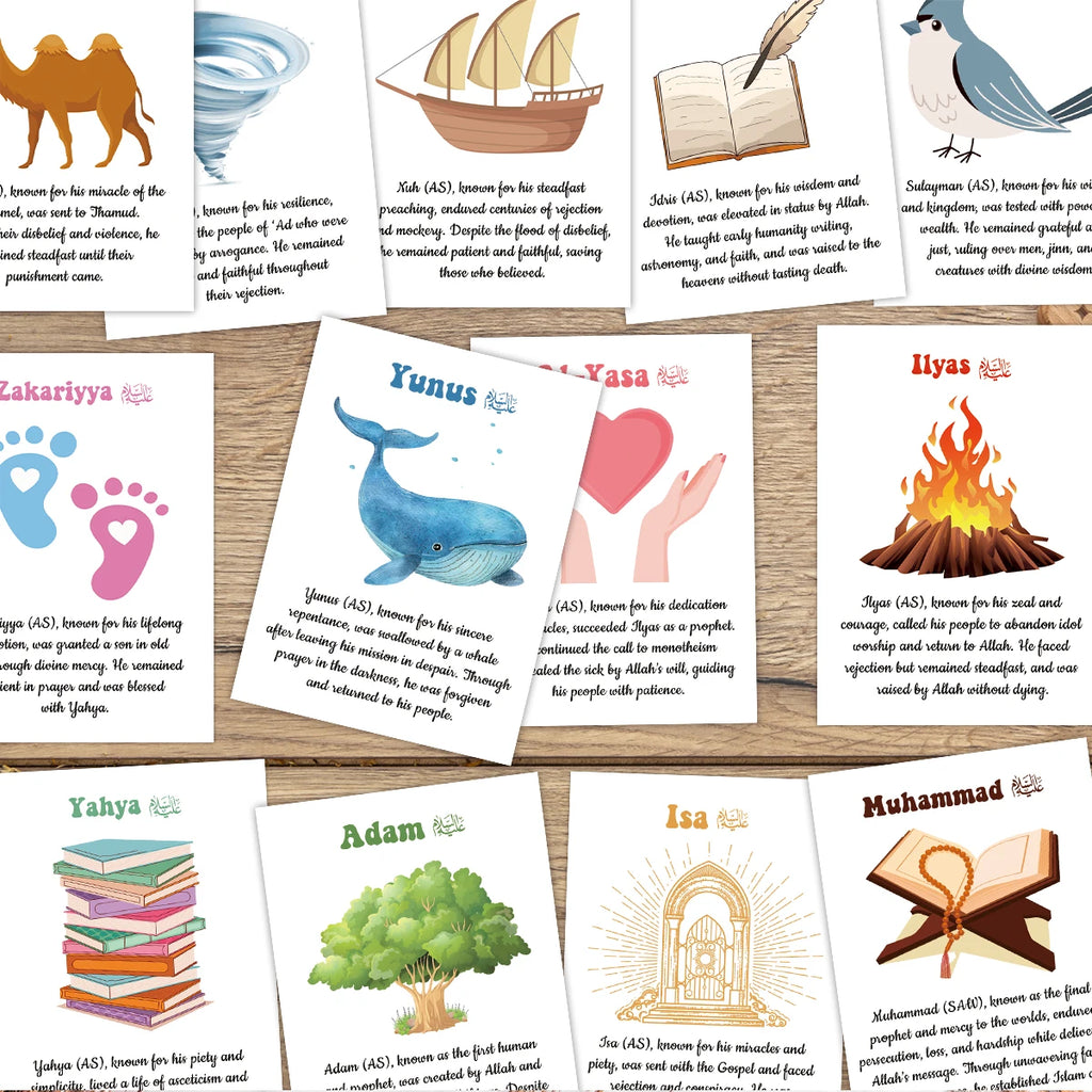 25pcs Islamic Prophet Character Cards,Content Includes Prophetic Lives,Values,Educational Visual Guide Card,Ramadan Prayers Gift