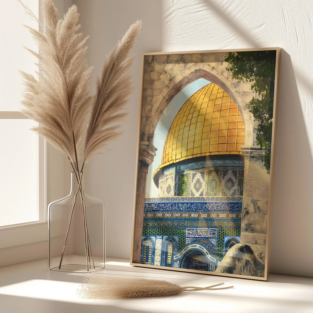 Wandkunst der Al Aqsa-Moschee, islamische Kunst für Wohnzimmer, goldenes Kuppelposter, Palästina-Kunstdrucke, Moschee-Druck, Heimdekoration, Geschenk