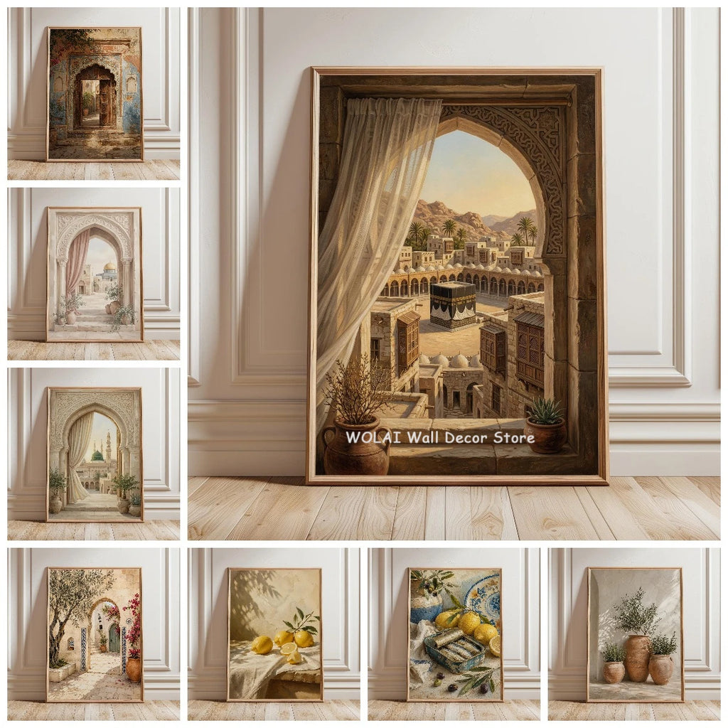 Islamic Medina Arch Canvas Prints Mosque Architecture Mediterranean Olive Tree Lemon Wall Art Posters for Modern Home Decor Gift