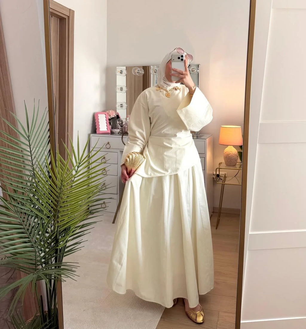 Elegant Muslim Women 2 Piece Abaya Set Ramadan Modest Summer Daily Turkey Top and Skirt Suit Islamic Casual Outfit for Eid