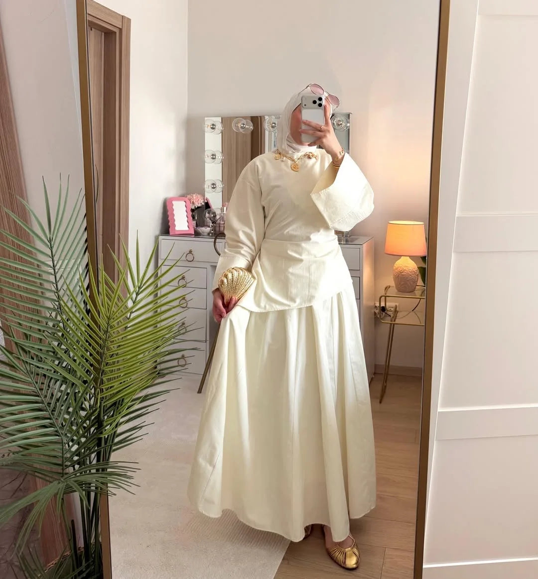 Elegant Muslim Women 2 Piece Abaya Set Ramadan Modest Summer Daily Turkey Top and Skirt Suit Islamic Casual Outfit for Eid