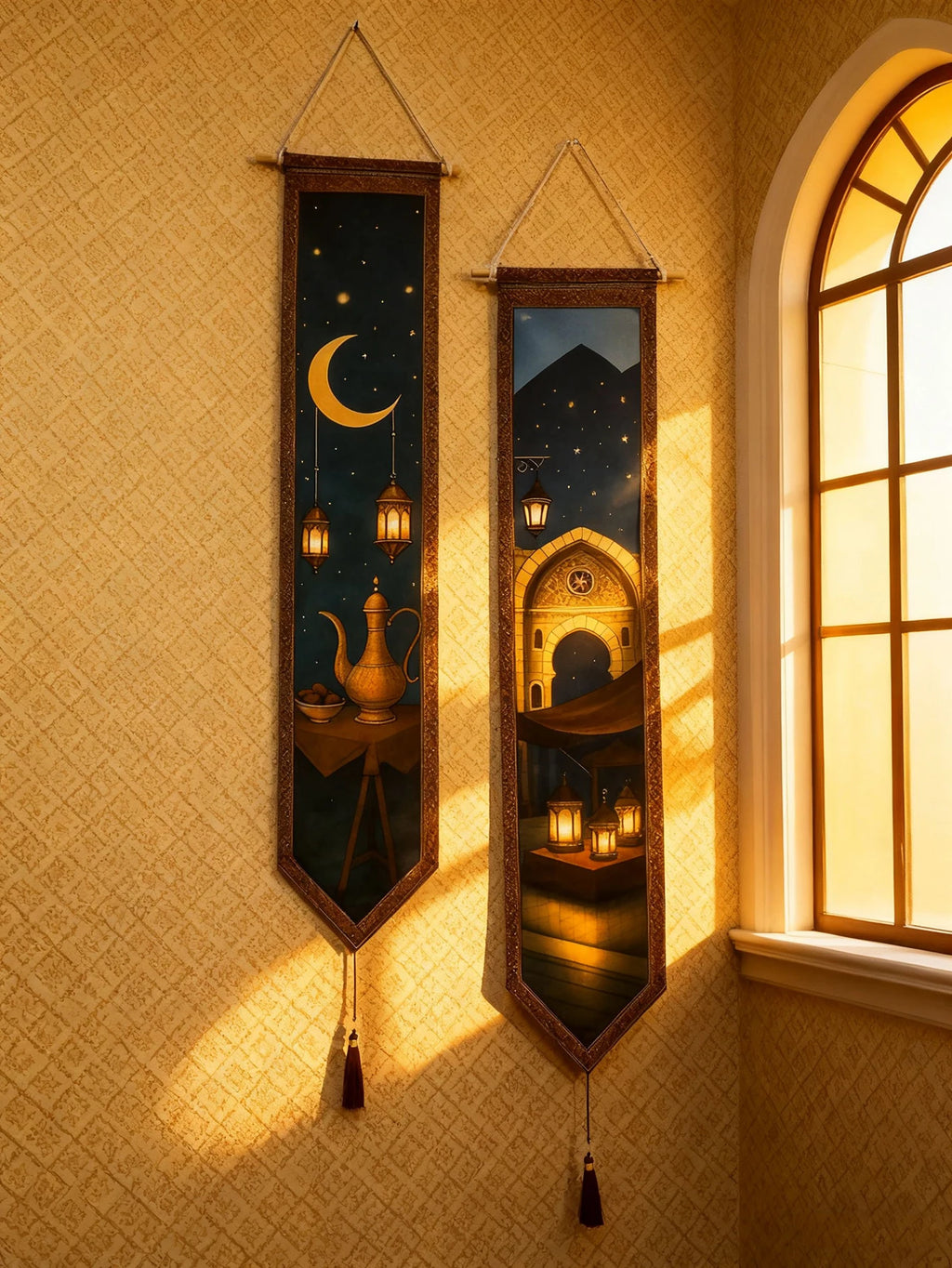 Islamic Ramadan Wall Banner Moon Lantern Mosque Tapestry for Eid Mubarak Kareem Muslim Festival Home Decor Hanging Ornament Gift