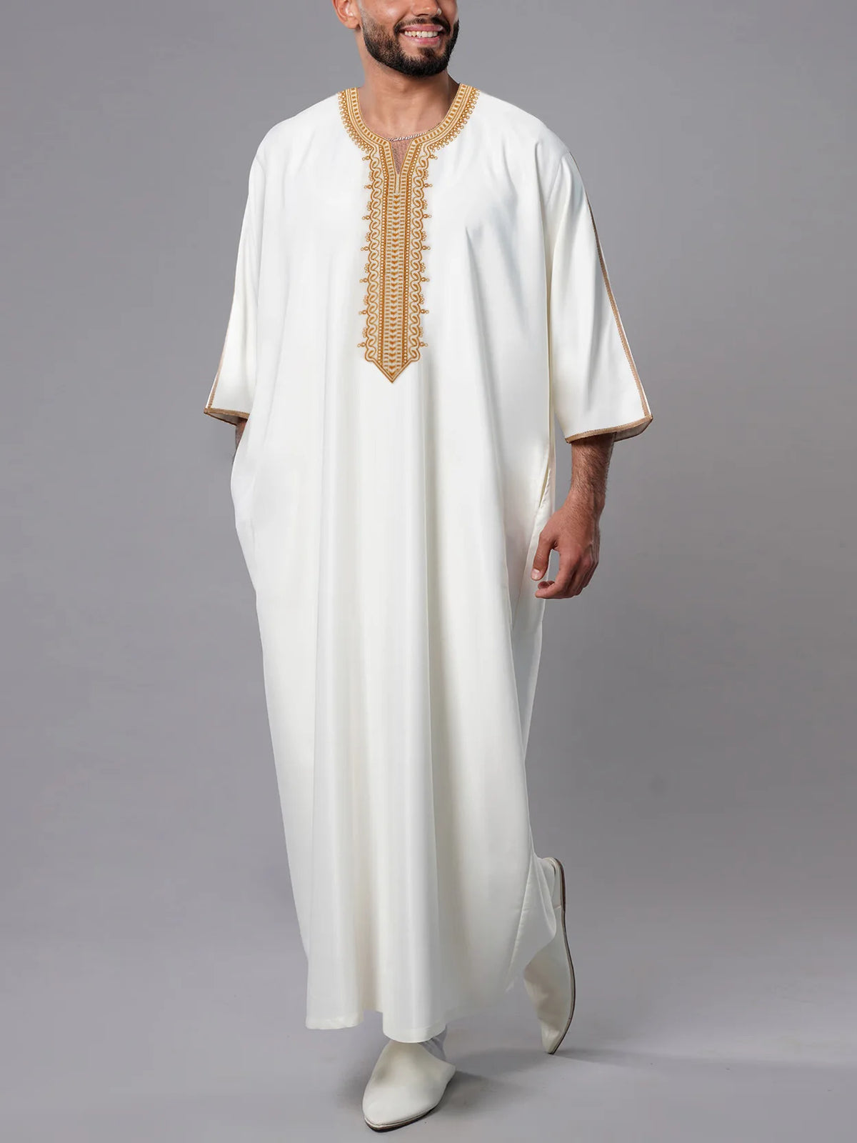2026 Ethnic Style Muslim Clothing Eid Middle East Robe Men Thobe Arab Islamic Kaftan with Pocket Loose Casual Embroidered Abayas