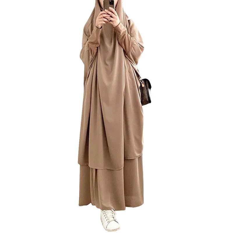 Eid Women Long Khimar 2 Piece Set Prayer Garment Djellaba  Abaya Muslim Ramadan Gown Dubai Arab Islamic Niqab Burka Jubah Jilbab