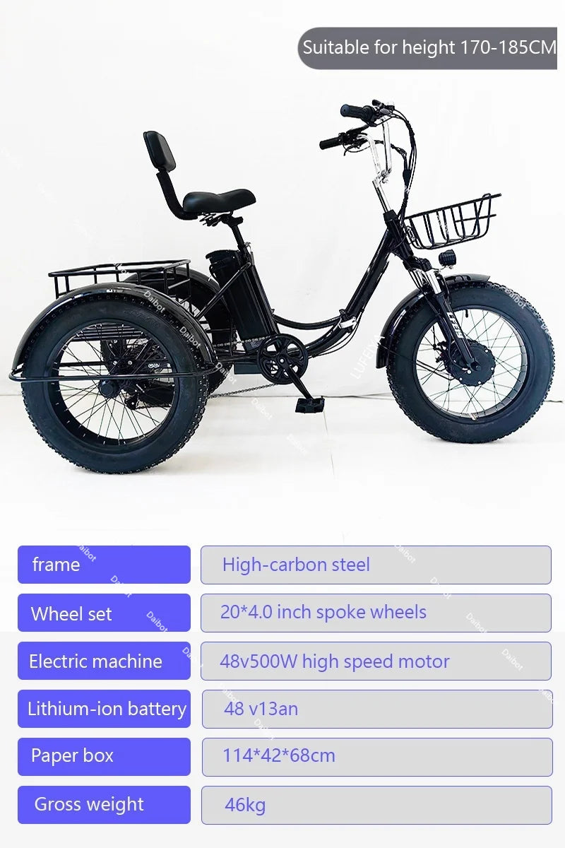 20 Inch Fat Tire Electric Folding Bicycle For Adults 48V 500W Electric Tricycles 3 Wheel Electric Cargo Bike For Women Man Ebike
