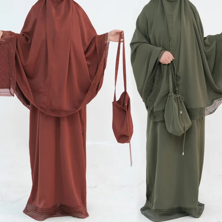Complete Women's Islamic Prayer Outfit Set (4 Items) Includes Prayer Rug Carry Case Modest Abaya Dress and Khimar Headscarf