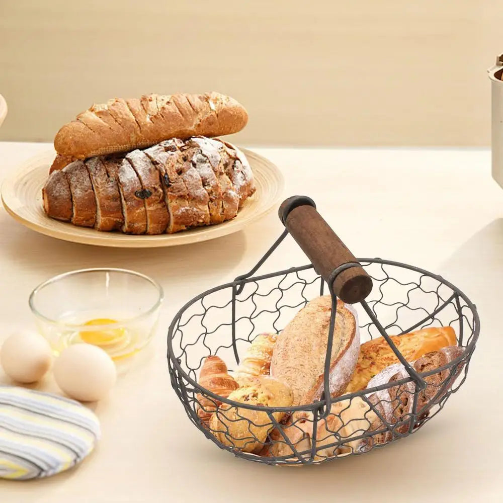 Kitchen Egg Storage Basket Creative Fruit Basket Retro Iron Snack Bread Vegetable Storage Container Holder With Wooden Handle