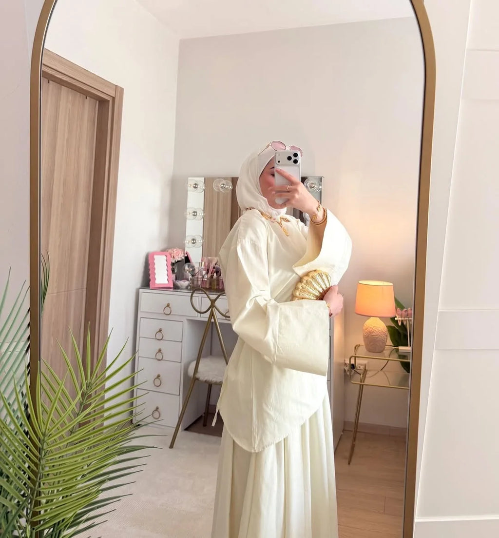 Elegant Muslim Women 2 Piece Abaya Set Ramadan Modest Summer Daily Turkey Top and Skirt Suit Islamic Casual Outfit for Eid