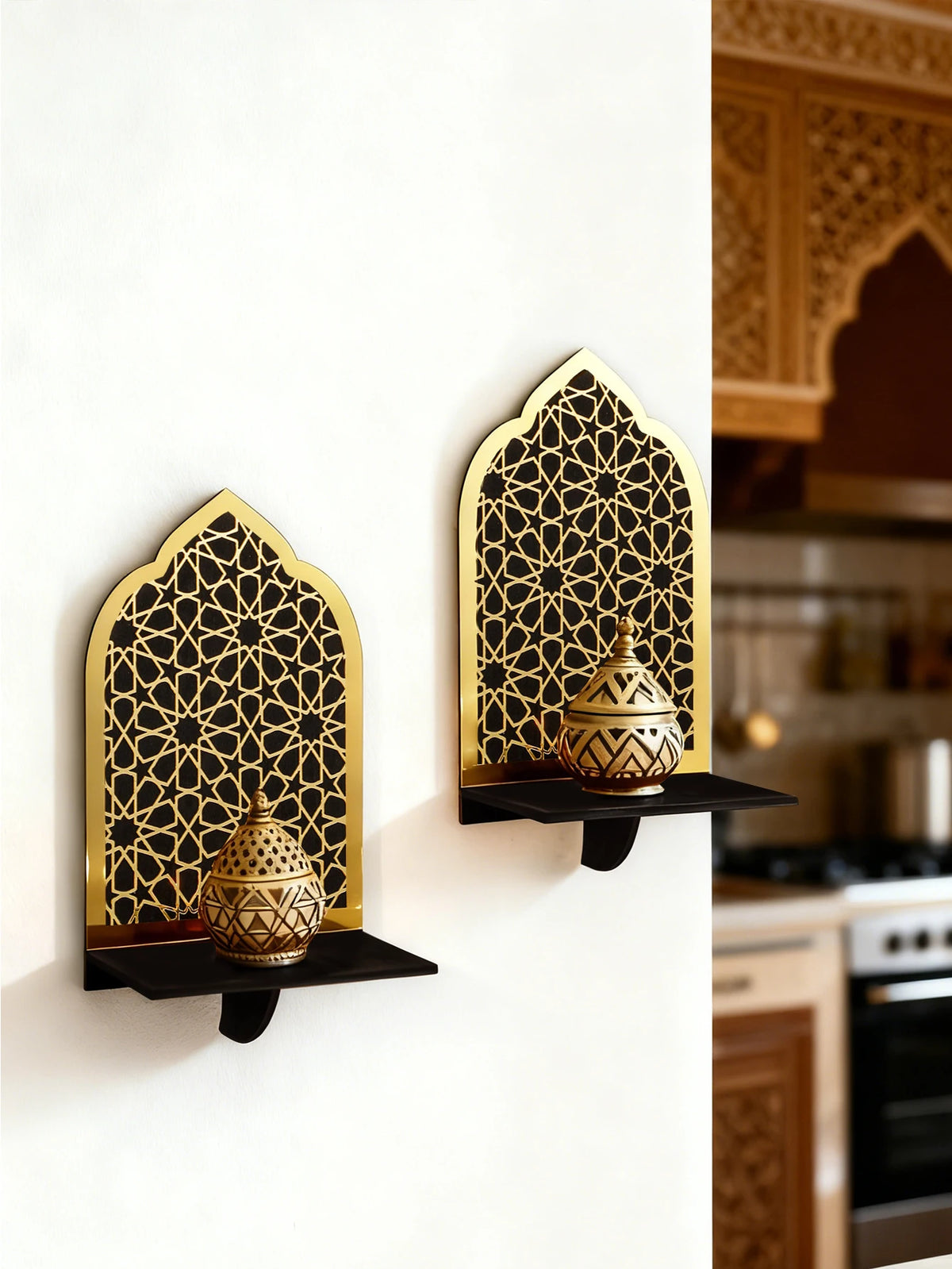 Islamic Ramadan Wood Wall Shelf Geometric Gold Black Acrylic Hanging Shelf for Eid Mubarak Kareem Candle Incense Home Decor Gift