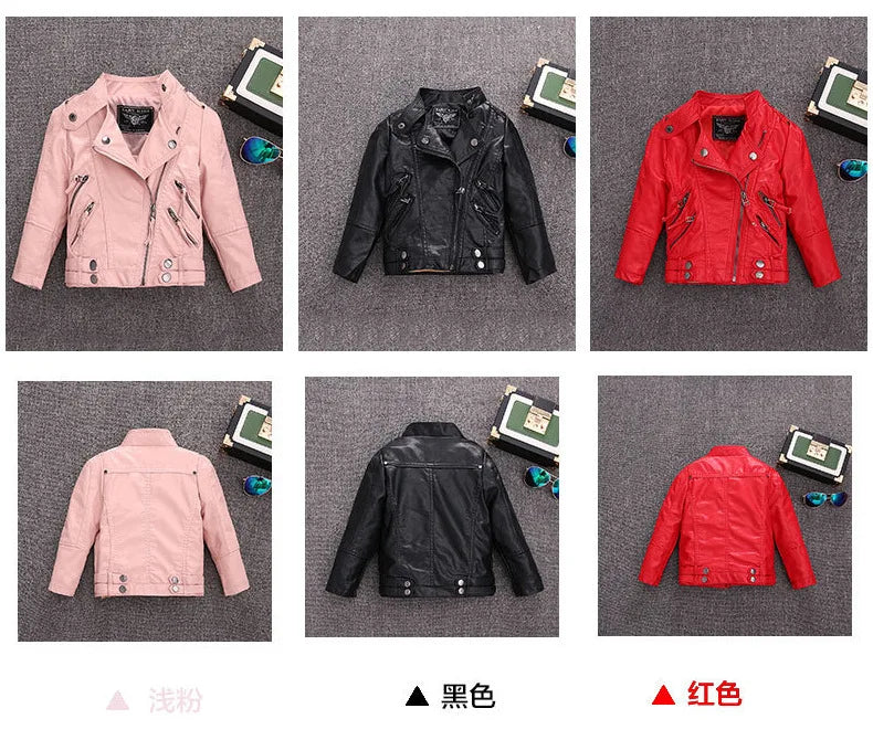 2-14 Years Old Girls Faux Leather Jacket Children PU Coat Long Sleeve Zip Belt Locomotive Jacket Stylish Teen Kids Boys Jackets