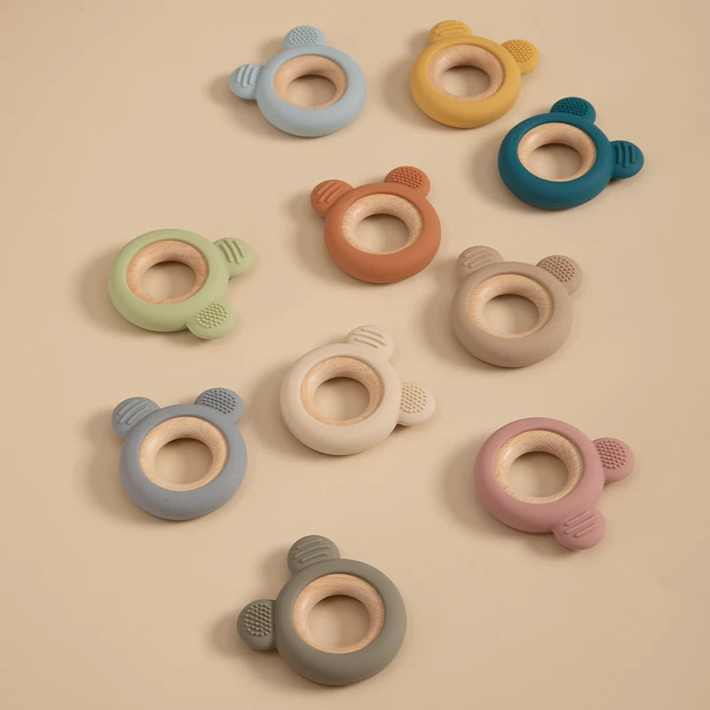 1PC Baby Silicone Wooden Teether Ring Cute Bear Infant Nursing Teething Toys Newborn Health Care Chewing Toy Baby Accessories
