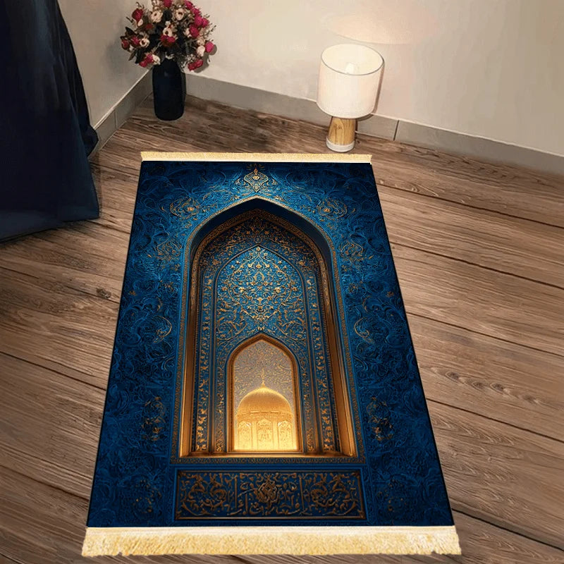 VIKAMA Islamischer Gebetsteppich, Blau-Gold Luxuriöses Moschee-Design, Faltbarer Waschbarer Muslimischer Teppich für Salah, Eid-Geschenk