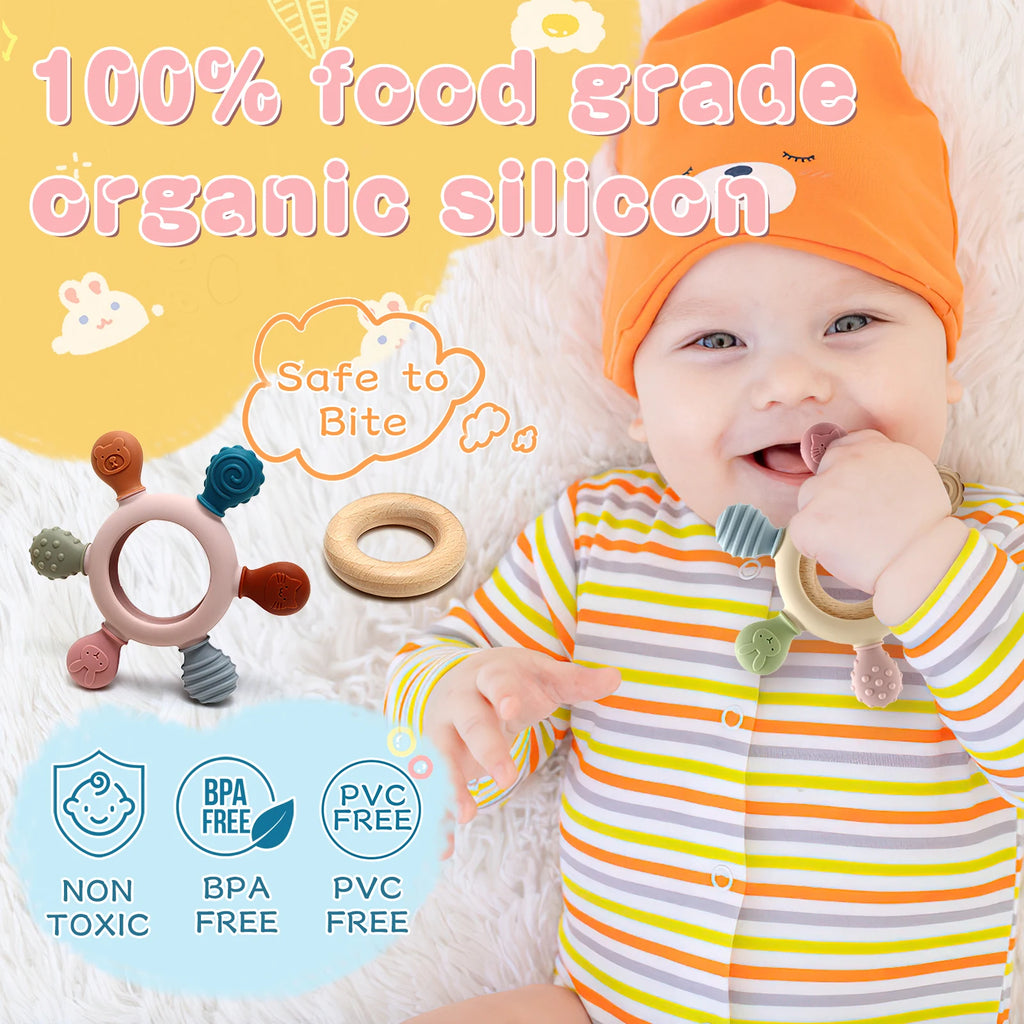 1PC Silicone Teether Baby Ring Shape Wooden Teether Ring Kid Gift BPA Free Silicone Children Goods Kid Teething Toy