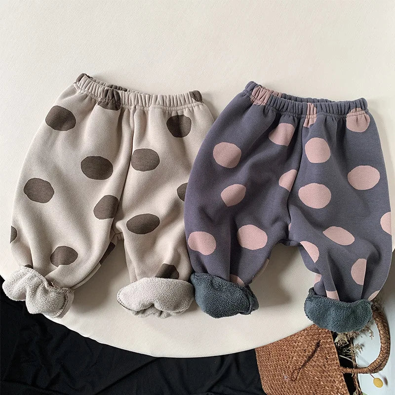 2025 New Winter Children Dot Print Trousers Plus Velvet Thick Girls Harem Pants Baby Boys Fleece Casual Pants Kids Clothes