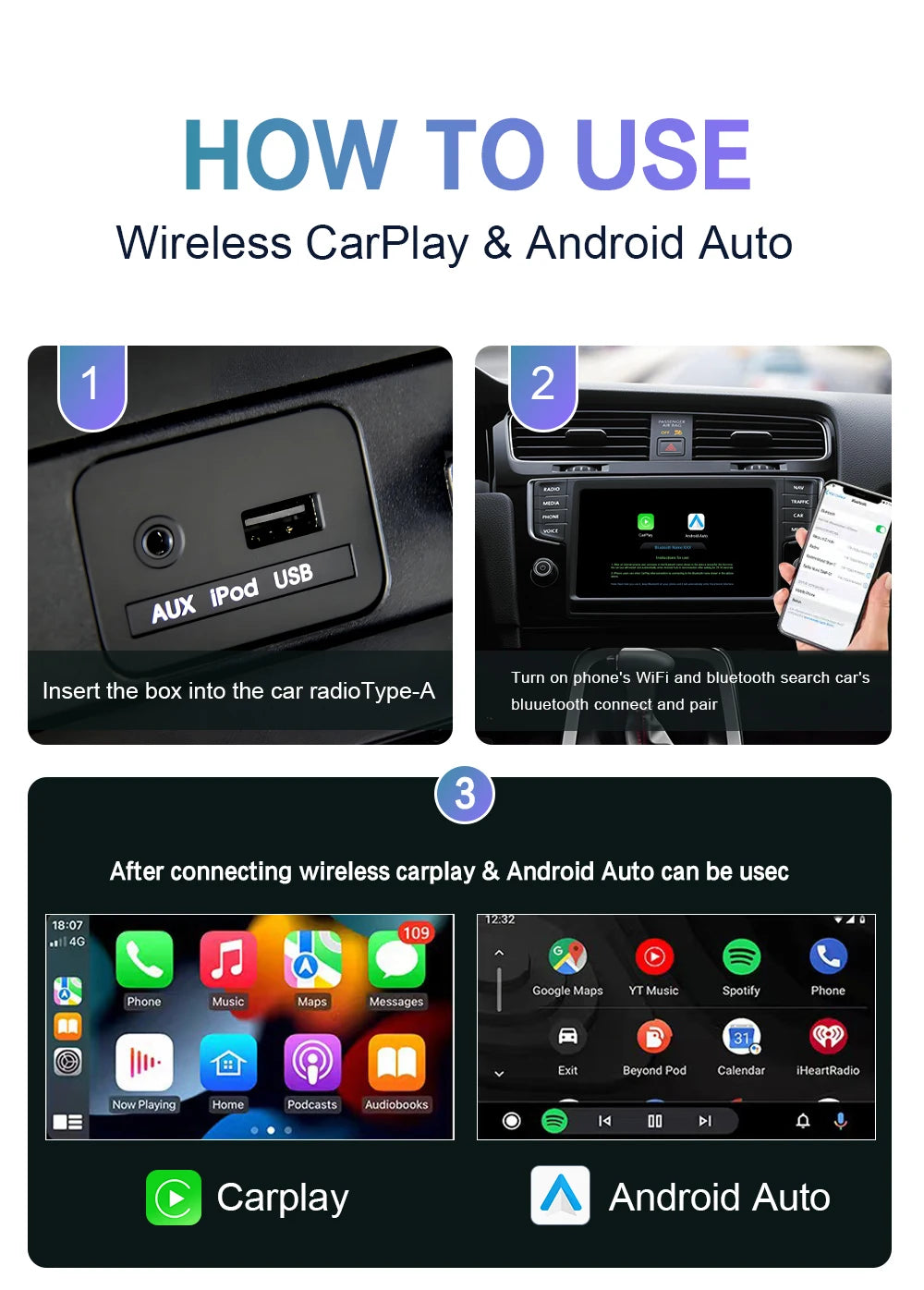 Kompakter Kabelloser CarPlay Android Auto USB-Adapter, Kabelgebunden zu Kabellos Upgrade, Einfache Installation, Automatische Verbindung, Kompatibel mit 98% aller Autos