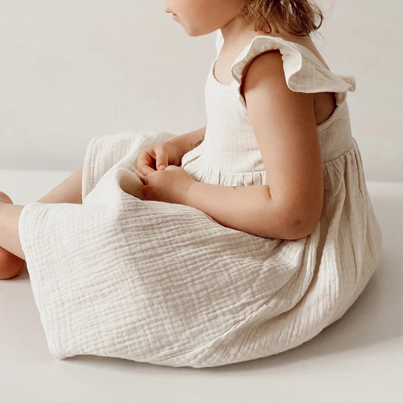 100%Cotton Muslin Girls White Dress With Lined Summer New Retro Baby Girl Sleeveless Ruffled Straps Flowy Princess Dresses TZ385