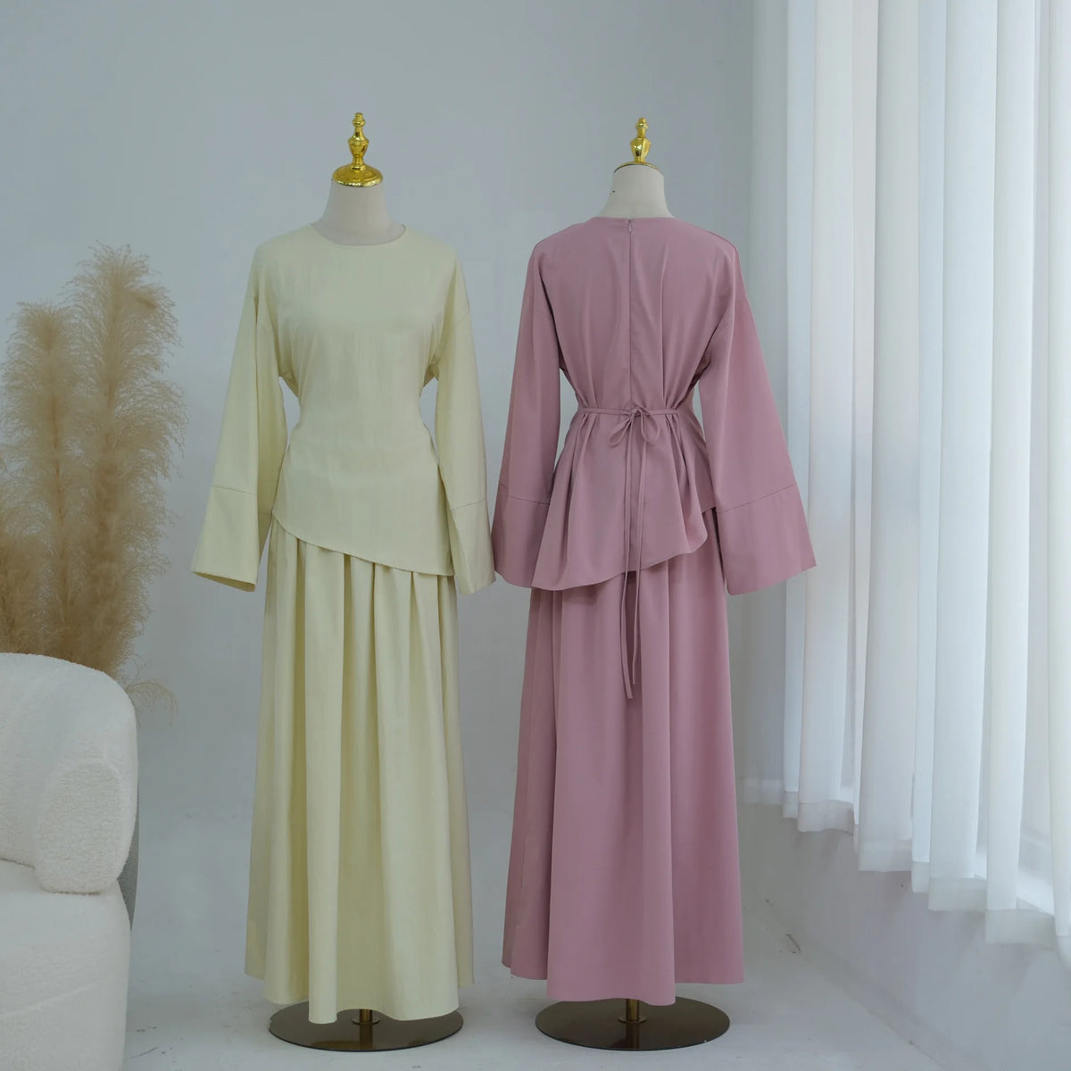 Elegant Muslim Women 2 Piece Abaya Set Ramadan Modest Summer Daily Turkey Top and Skirt Suit Islamic Casual Outfit for Eid