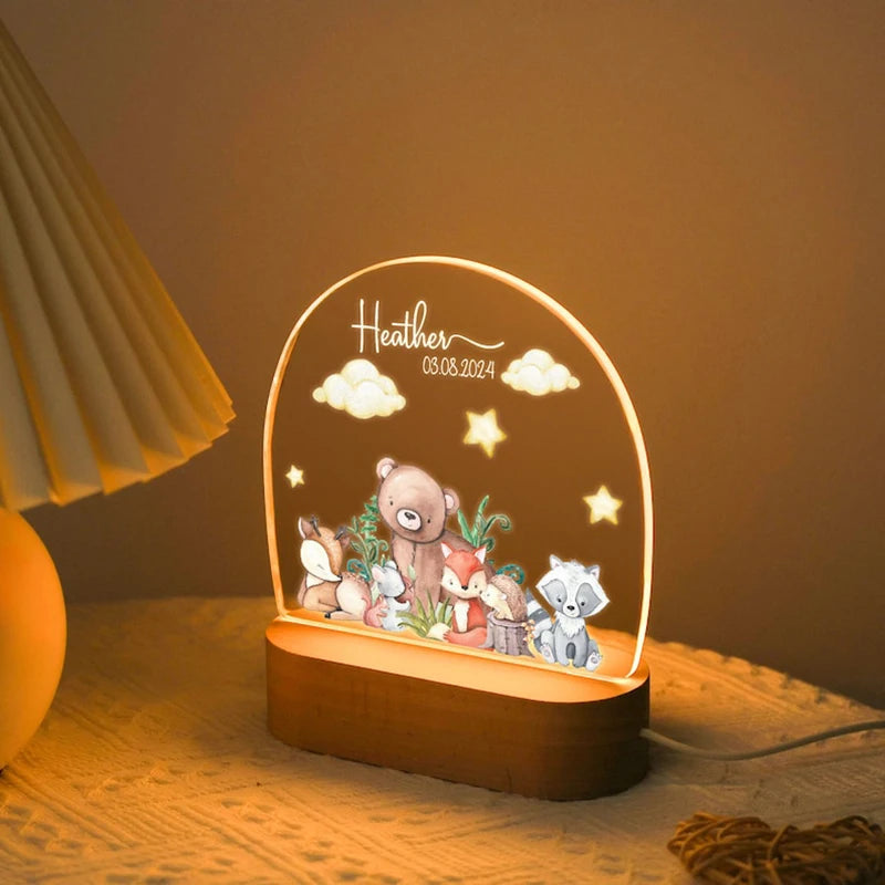 Personalized Acrylic Woodland Animals Forest Plaque with LED Night Light For Baby Children's Bedroom Nursery Light Birthday Gift