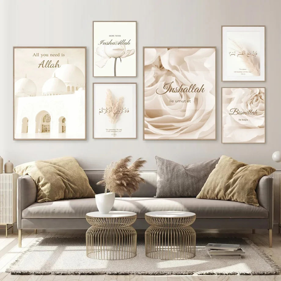 Islamische marokkanische Reed-Beige-Blumen-Boho-Wandkunst, Leinwandgemälde, nordische Poster und Drucke, Wandbilder für Wohnzimmerdekoration