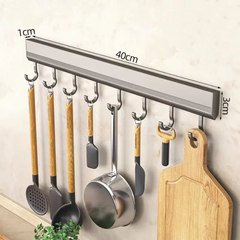 Kitchen HookRack - Wall-Mounted Without Drilling - Space Aluminum Multi-Functional Storage Hooks