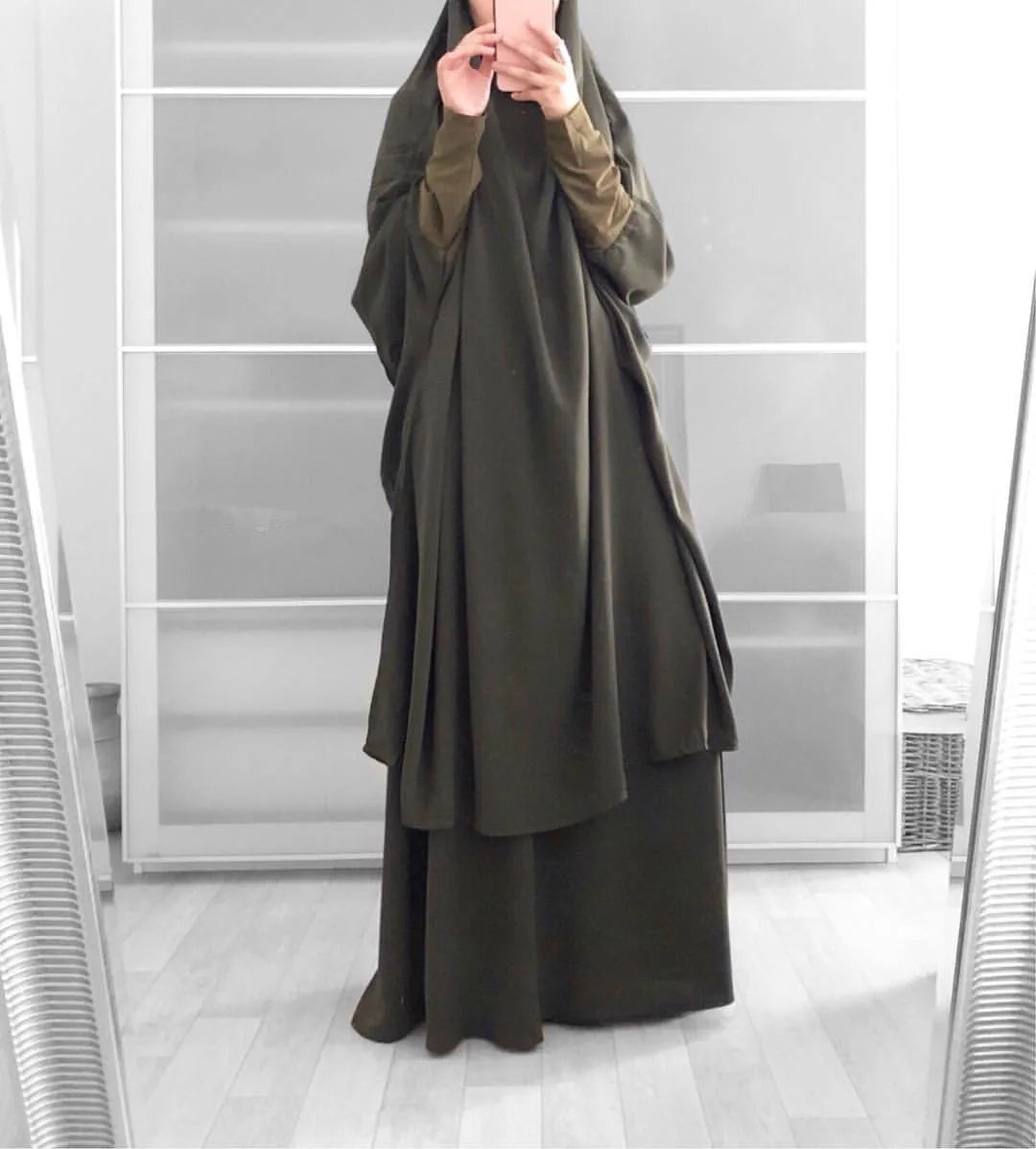 Eid Women Long Khimar 2 Piece Set Prayer Garment Djellaba  Abaya Muslim Ramadan Gown Dubai Arab Islamic Niqab Burka Jubah Jilbab