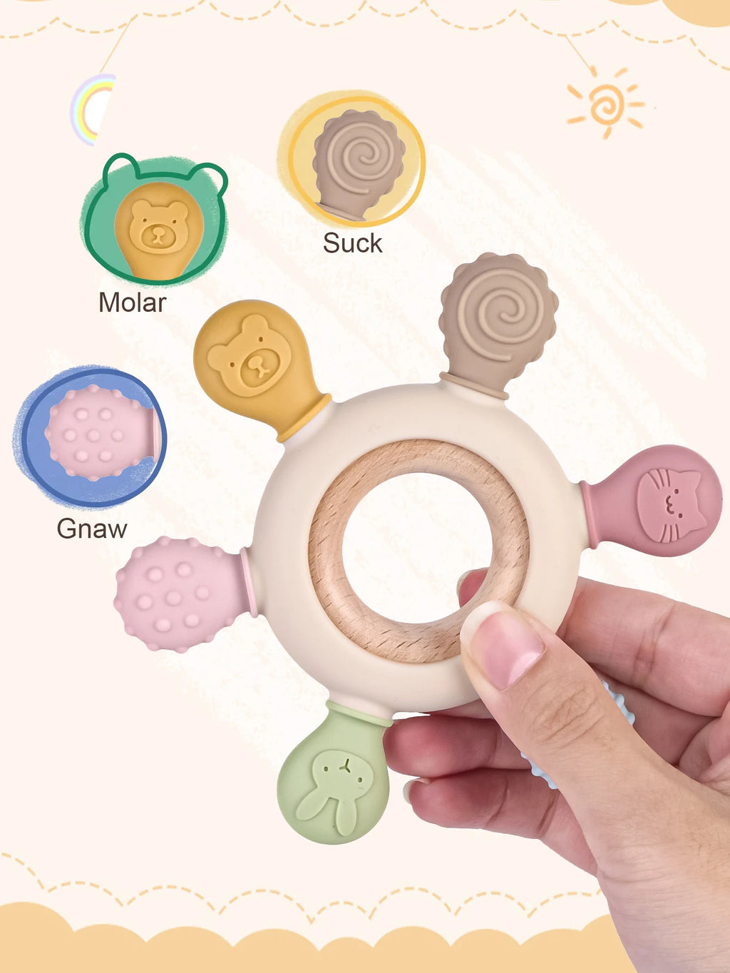 1PC Silicone Teether Baby Ring Shape Wooden Teether Ring Kid Gift BPA Free Silicone Children Goods Kid Teething Toy