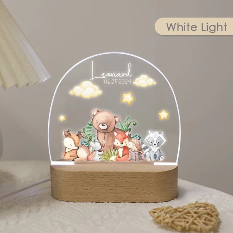 Personalized Acrylic Woodland Animals Forest Plaque with LED Night Light For Baby Children's Bedroom Nursery Light Birthday Gift