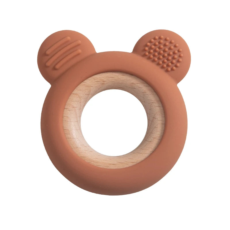 1PC Baby Silicone Wooden Teether Ring Cute Bear Infant Nursing Teething Toys Newborn Health Care Chewing Toy Baby Accessories