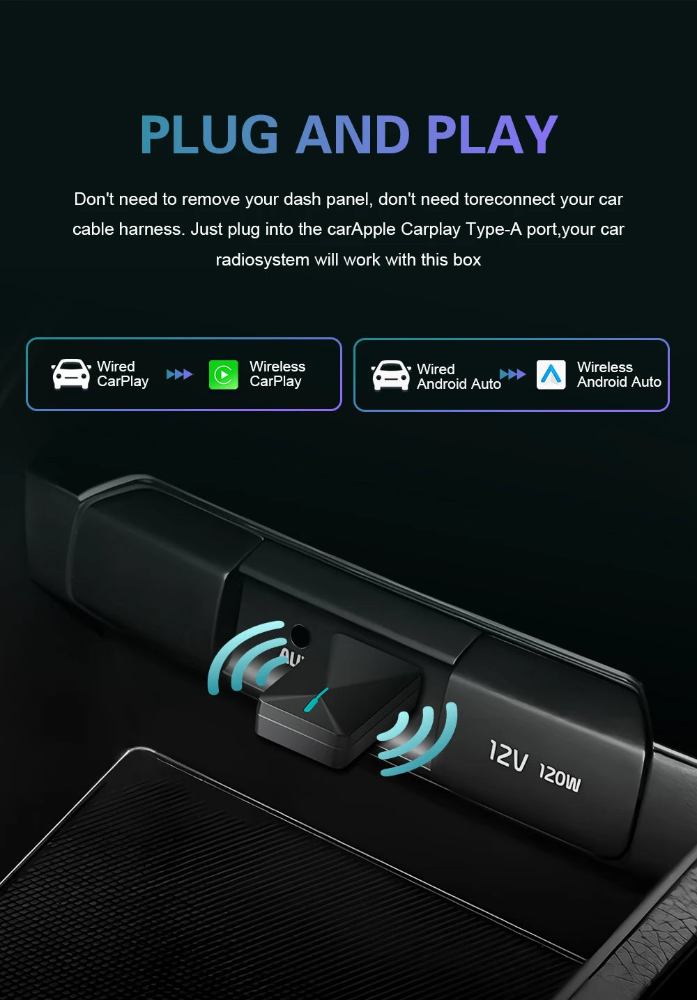 Kompakter Kabelloser CarPlay Android Auto USB-Adapter, Kabelgebunden zu Kabellos Upgrade, Einfache Installation, Automatische Verbindung, Kompatibel mit 98% aller Autos