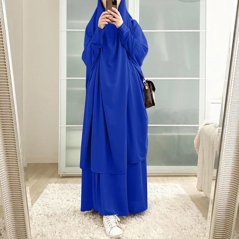 Eid Women Long Khimar 2 Piece Set Prayer Garment Djellaba  Abaya Muslim Ramadan Gown Dubai Arab Islamic Niqab Burka Jubah Jilbab