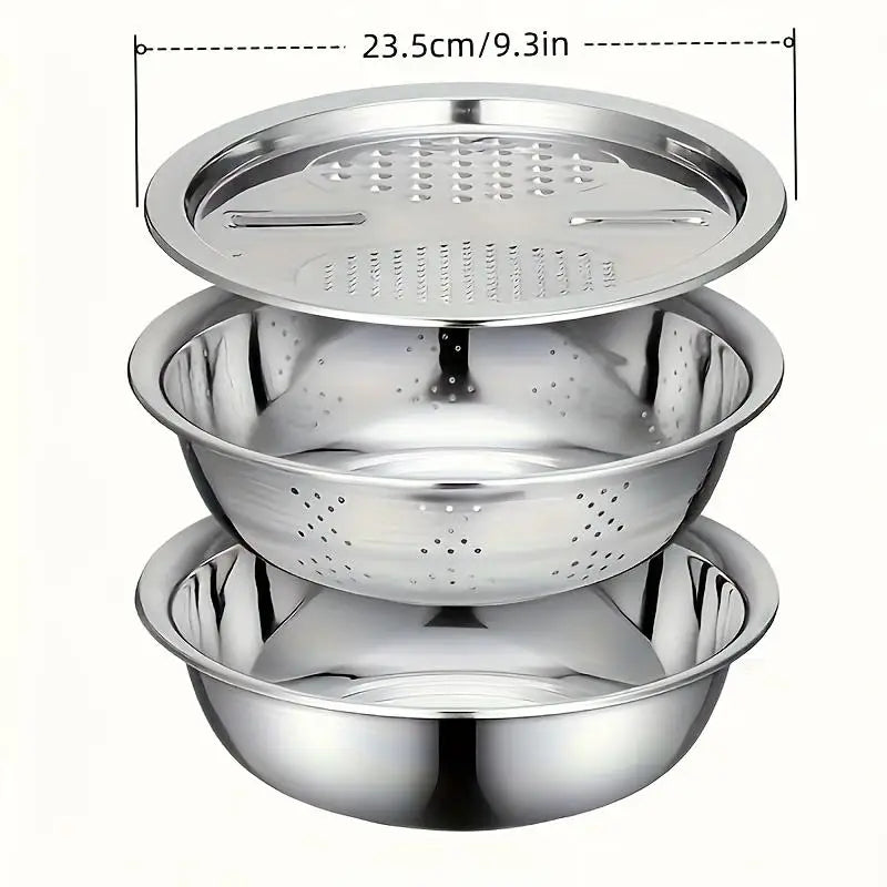 3-Piece Kitchen Set, Stainless Steel Mixing Bowl & Cutting System, Easy Clean Design, Space-Saving, Ideal for Home Cooking