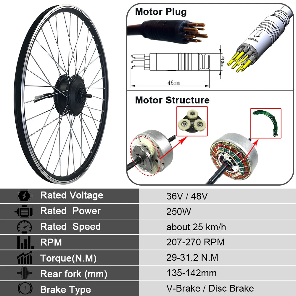 Ebike Conversion Kit 24V/36V/48V 250W Front Rear Brushless Gear Hub Wheel Motor 16-29inch 700C  for Electric Bicycle Kit