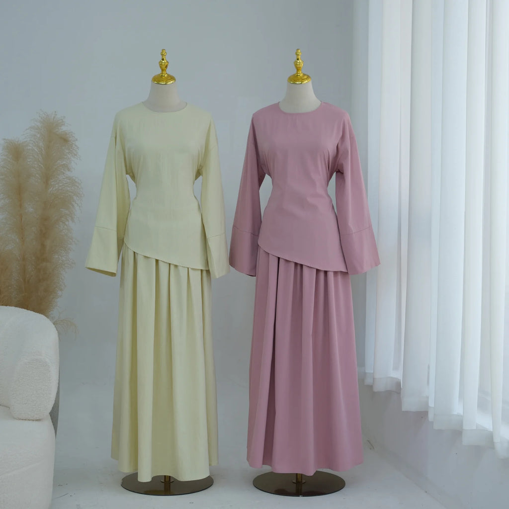 Elegant Muslim Women 2 Piece Abaya Set Ramadan Modest Summer Daily Turkey Top and Skirt Suit Islamic Casual Outfit for Eid
