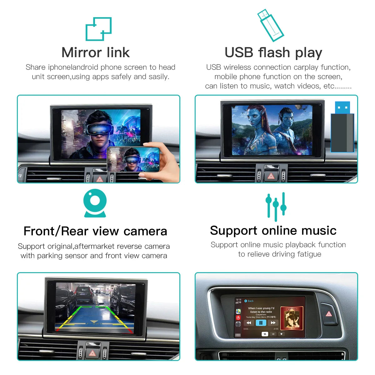 AUTOABC Drahtlose CarPlay Android Auto Interface für Audi A3 A4 A5 Q2 Q7 Q5L 8V mit Mirror Link AirPlay Reverse Kamera Navigati