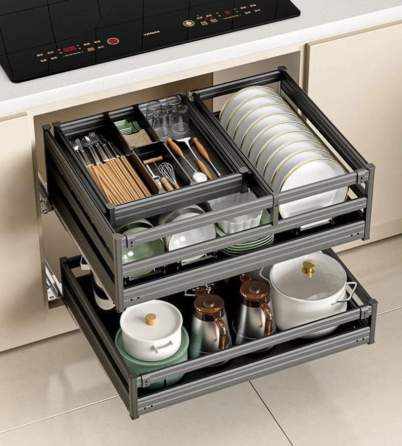 Pull Out Kitchens Cabinets Baskets Drawer Style Bowl Dish Storage Baskets Organization Three Layers Kitchens Shelf Thicken