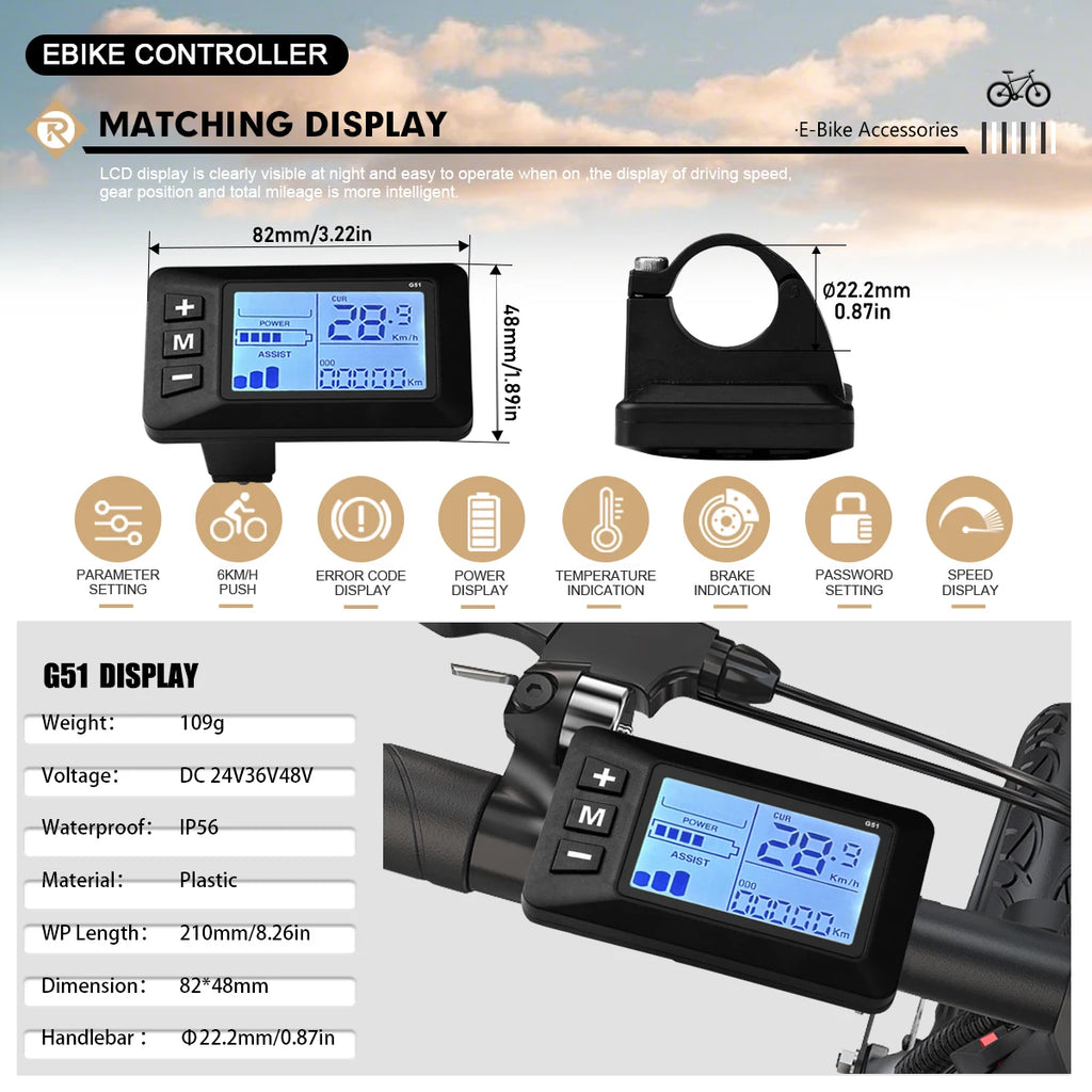 17A26A30A Ebike Brushless Motor Controller 350W/750W/1000W Sinewave Controller G51 LCD Display UART2 Protocol for Scooter E-Bike