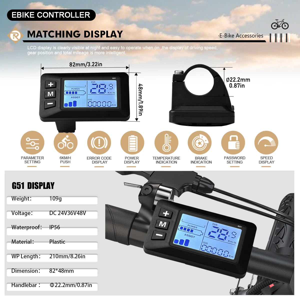 17A26A30A Ebike Brushless Motor Controller 350W/750W/1000W Sinewave Controller G51 LCD Display UART2 Protocol for Scooter E-Bike