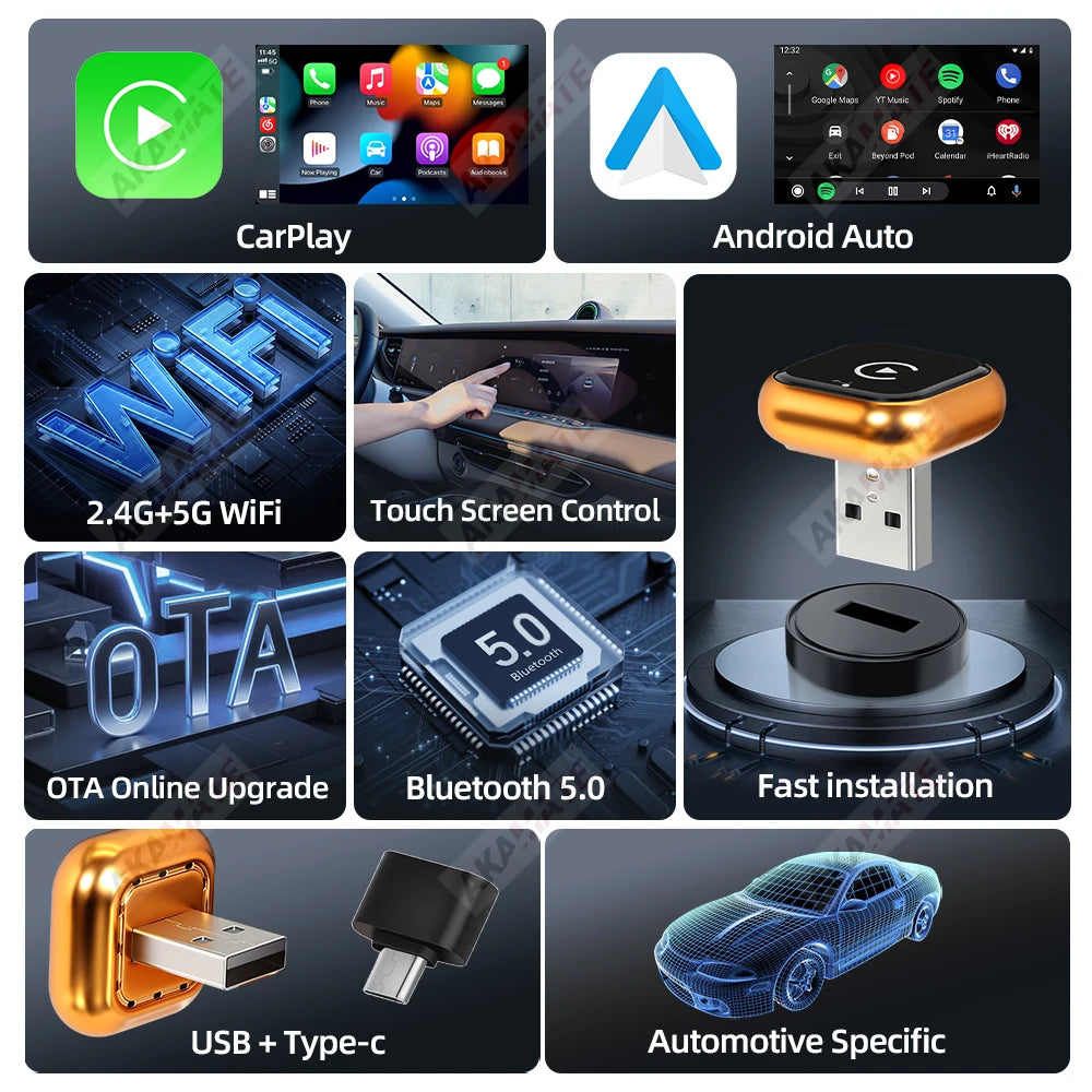 Kabelloser Adapter CarPlay Android Auto 2-in-1 Kabelgebunden zu Kabellos CarPlay Android Auto Bluetooth USB Typ-C Plug-and-Play