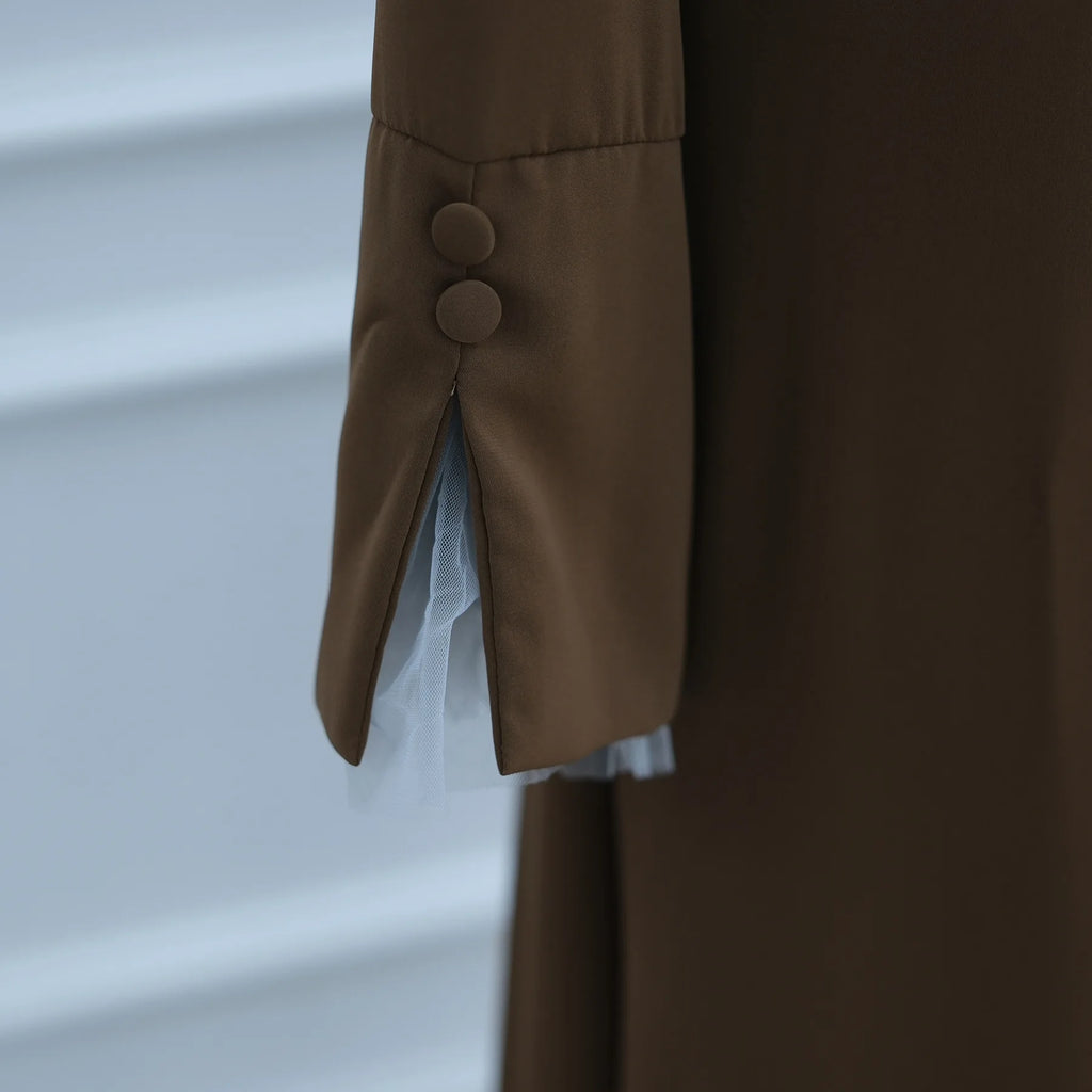 2025 Ramadan Modest Muslim Women's Clothes Elegant Arabic Back Belted Abaya Dress with Lace Sleeves Islamic Flared Maxi Robe