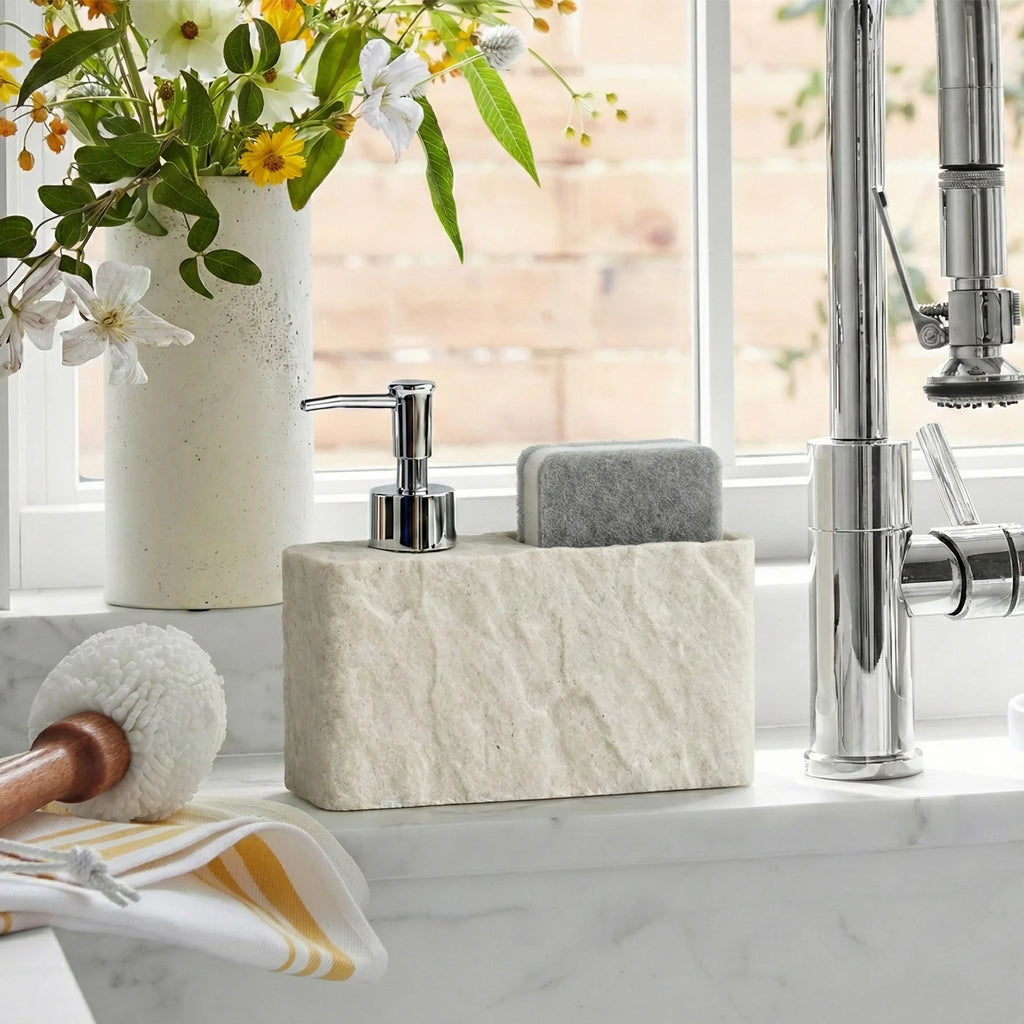 Kitchen Soap Dispenser with Sponge Holder, 2-in-1 Resin Stone Texture Dish Soap Pump and Caddy Organizer for Kitchen