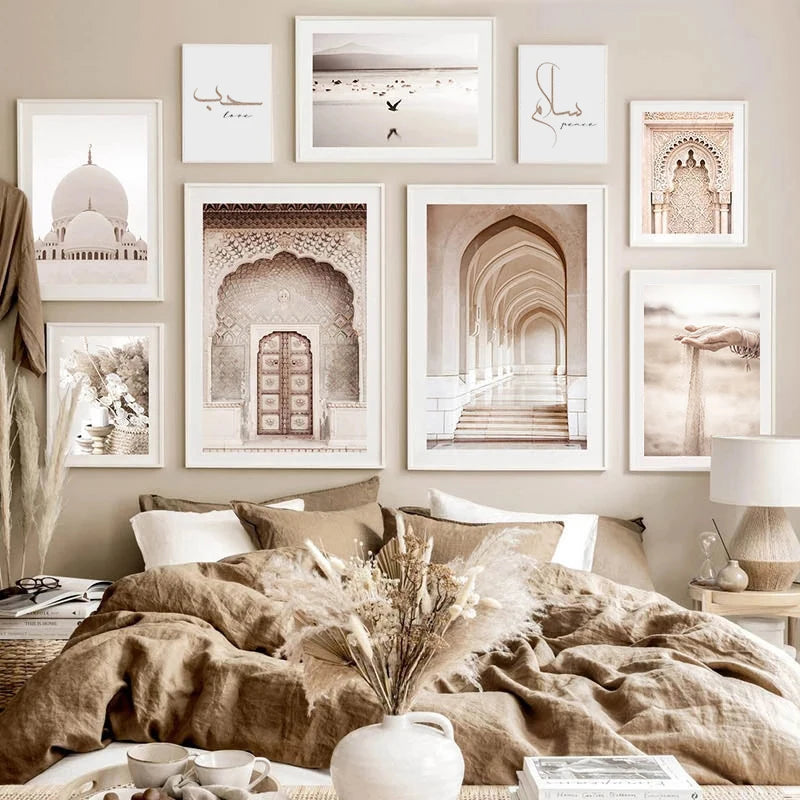 Beige Islamic Style Muslim Architecture and Calligraphy Printed on Canvas Wall Posters Decorative Painting Luxury Room Pictures