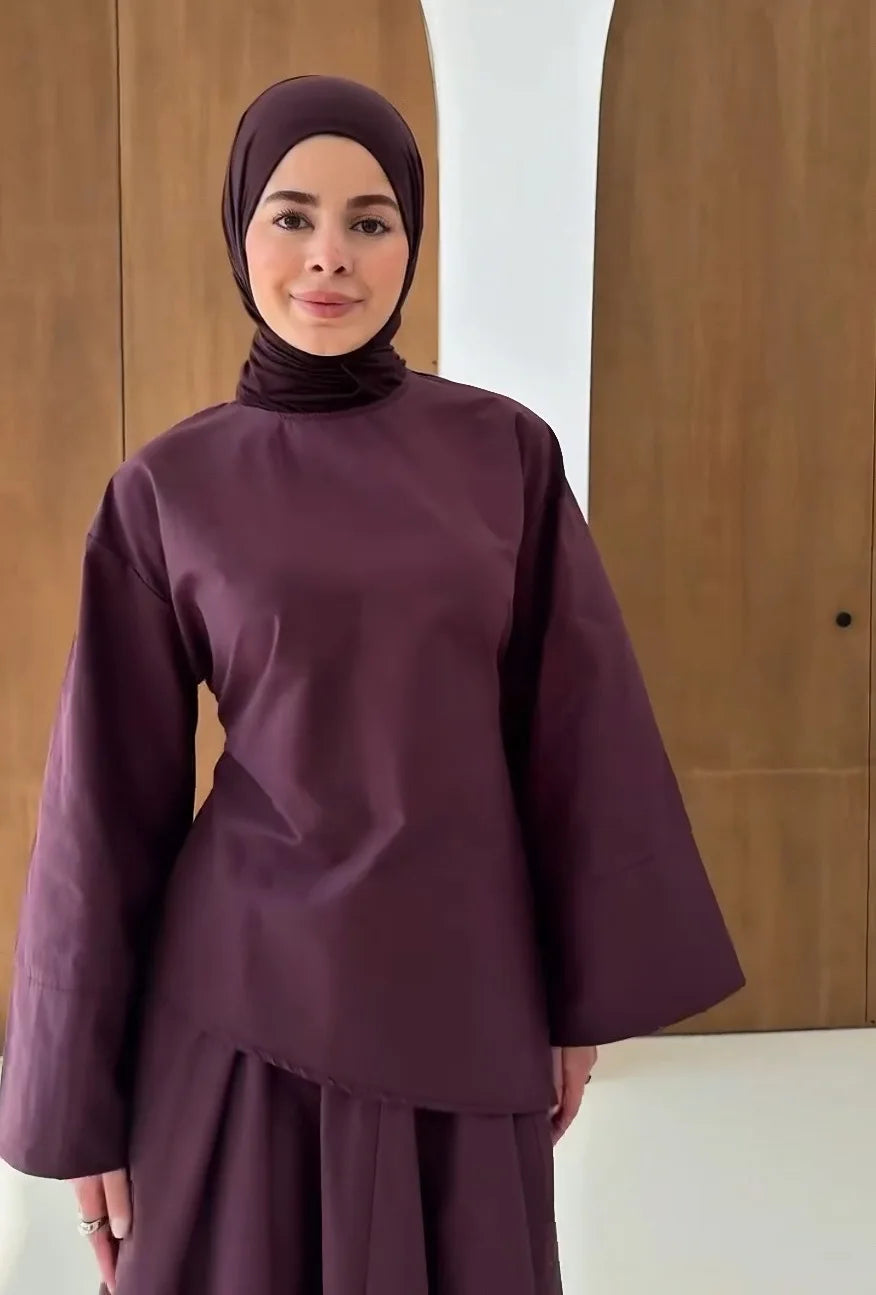 Elegant Muslim Women 2 Piece Abaya Set Ramadan Modest Summer Daily Turkey Top and Skirt Suit Islamic Casual Outfit for Eid