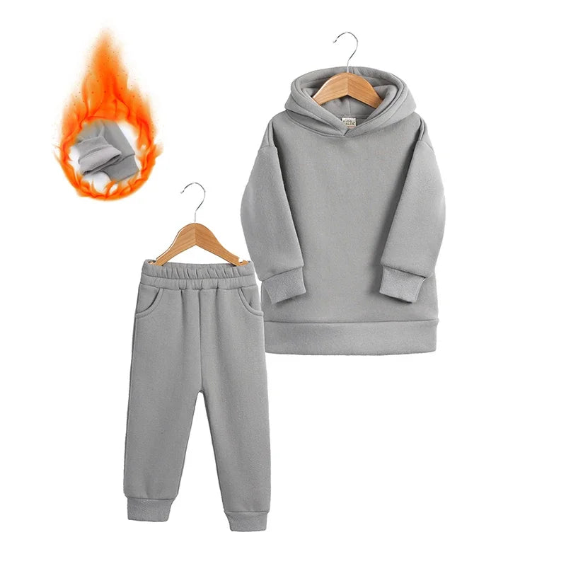 2026 Children Kids Fleece Winter Outfits Solid Cotton Hooded Sweatshirt+Pants Toddler Infant Suit Boy Girl Casual Warm Clothes