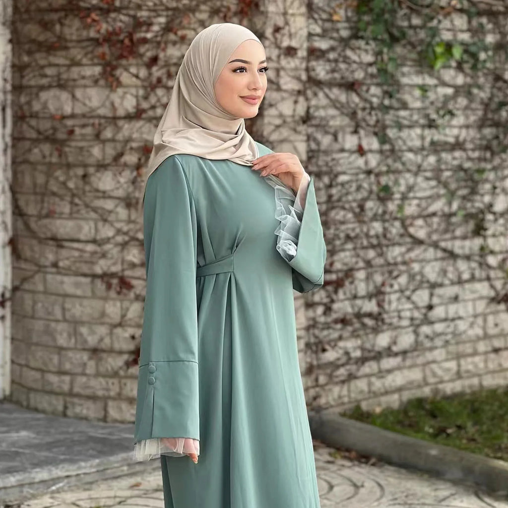 2025 Ramadan Modest Muslim Women's Clothes Elegant Arabic Back Belted Abaya Dress with Lace Sleeves Islamic Flared Maxi Robe