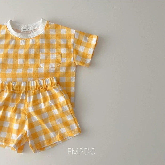 2Pcs Summer Kids Clothes  Baby Girls Boys Clothes Set O-neck Tees Heart Print T-shirt + Plaid Shorts Infant Suits Casual Toddler