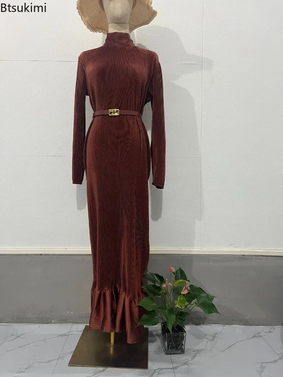 Eid Muslim Dress for Women Fashion Elegant Pleated Long Dresses Morocco Party Abayas Ramadan Belted Vestidos Islamic Arab Robe