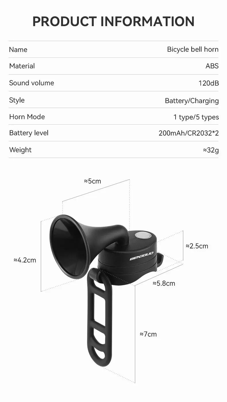 Bicycle Electronic Horn E-Bike Horn 120dB Loud Warning Sound USB Rechargeable IPX4 Waterproof Scooter Road Mountain Bike Bell