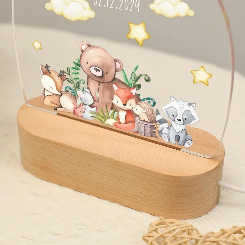 Personalized Acrylic Woodland Animals Forest Plaque with LED Night Light For Baby Children's Bedroom Nursery Light Birthday Gift